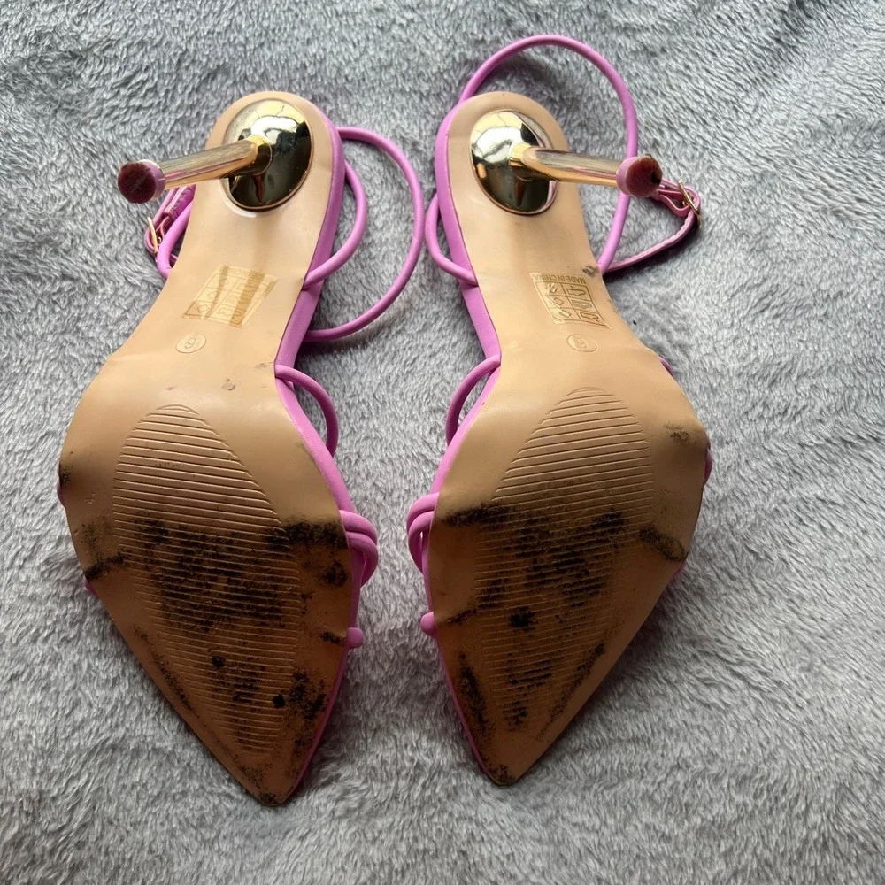 Public Desire Pink Strappy Pointed Toe Gold Stiletto Heel Sandals Womens Size 6 - Picture 5 of 6